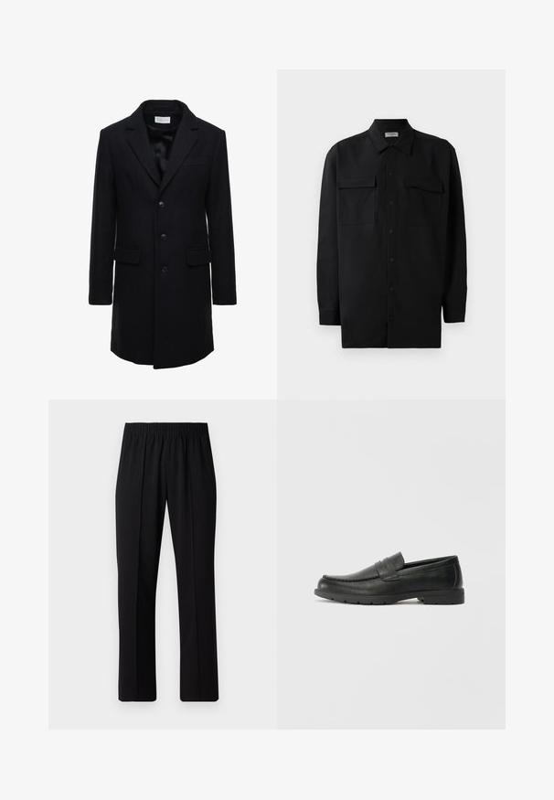 Dunkelblauer Wollmantel mit tailliertem Schnitt, einreihigem Design, Spitzenrevers und zwei Fronttaschen, mit Knopfverschluss.; Schwarzes Hemd mit Knopfleiste aus glattem Stoff, das einen klassischen Kragen, zwei Brusttaschen und lange Ärmel mit Knopfmanschetten aufweist.; Schwarze, Gummibund-Hosen mit geradem Schnitt, die eine glatte Textur aufweisen und keine sichtbaren Muster oder Beschläge haben.; Schwarze Lederloafers mit glatter Oberfläche, Mokassin-oberteil, genähten Details und Gummisohle. Klassisches Design mit niedrigem Absatz.