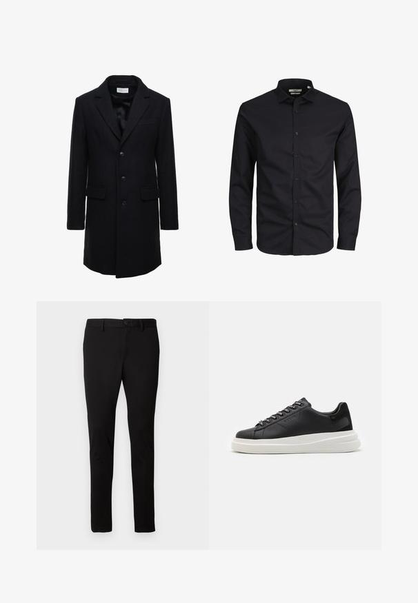 Tmavě modrý vlněný kabát s přiléhavým střihem, jednobrankovým designem, špičatými klopami a dvěma předními kapsami, s knoflíkovým zapínáním.; Černá košile s dlouhým rukávem na knoflíky vyrobená z bavlny, s špičatým límcem, předními knoflíky a klasickým střihem. Hladká textura, bez vzorů.; Černé slim-fit kalhoty s poutky na pásek, předním knoflíkem a zipovým zapínáním, vystavené na jednoduchém světlem pozadí.; Černé kožené tenisky s bílou gumovou podrážkou, mají ploché tkaničky a očička s logem. Jemná textura s kontrastním bočním akcentem.