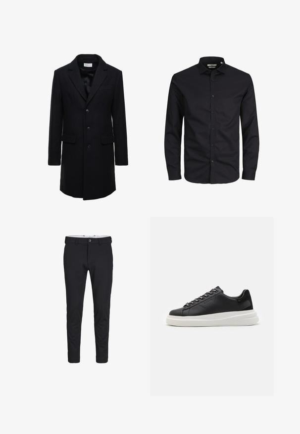 Cappotto in lana di un blu scuro, con una vestibilità su misura, design a un petto, revers a punta e due tasche frontali, dotato di chiusura con bottone.; Camicia nera a maniche lunghe con bottoni, realizzata in cotone, con colletto a punta, bottoni frontali e una vestibilità classica. Texture liscia, senza fantasie.; Pantaloni neri realizzati in un tessuto liscio e elastico. Hanno una vestibilità slim, chiusura con bottone e tasche a filetto sui lati.; Sneaker in pelle nera con suola in gomma bianca, dotato di lacci piatti e occhielli brandizzati. Texture morbida con un accento laterale a contrasto.