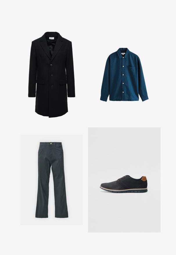 Tamsiai mėlynas vilnonis paltas su pritaikytu siluetu, vieno mygtuko uždarymu, smailiais atlapais ir dviem priekinėmis kišenėmis.; Mėlynas ilgomis rankovėmis mygtukų marškiniai, turintys klasiką apykaklę, vieną krūtinės kišenę ir baltus mygtukus. Minkšta tekstūra su lengvu blizgesiu.; Juodos kelnės su tiesiu kirpimu, pagamintos iš medvilnės mišinio. Turi metalinį mygtuką ir šonines kišenes. Be matomų raštų.; Juodi sintetiniai batai su tekstūruotu paviršiumi, lygiomis detalėmis, ruda kulna ir kontrastingu padu. Yra minimalus raištelių užsidėjimas ir siuvimo detalės.
