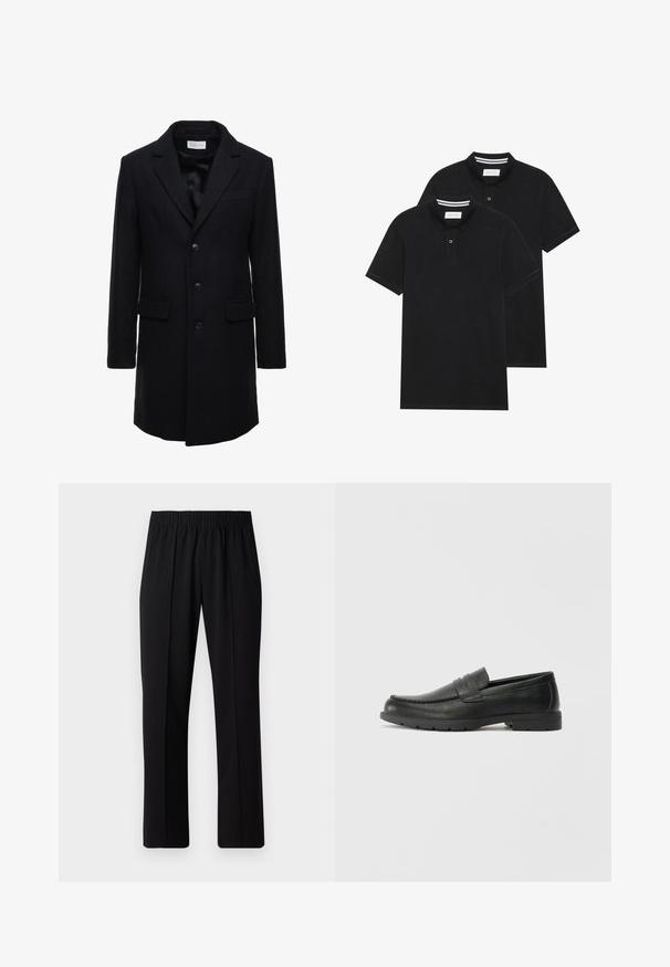 Tumšs jūraszila vilnas mētelis ar pielāgotu piegriezumu, vienkrūšu dizains, izteiktas atloks un diviem priekšējiem kabatām, ar pogu aizdari.; Divas melnas polo krekli, īsām piedurknēm, no kokvilnas materiāla, ar klasisku apkakli, divu pogu aizdari un balti svītroti akcenti apkakles iekšpusē.; Melni elastīgi bikses ar taisnas kājas dizainu, ar gludu tekstūru un bez redzamām zīmēm vai detaļām.; Melnas ādas loafers ar gludu apdari, mokasīnu stila augšdaļu, šūtu detalizāciju un gumijas zoli. Klasisks dizains ar zemu papēdi.
