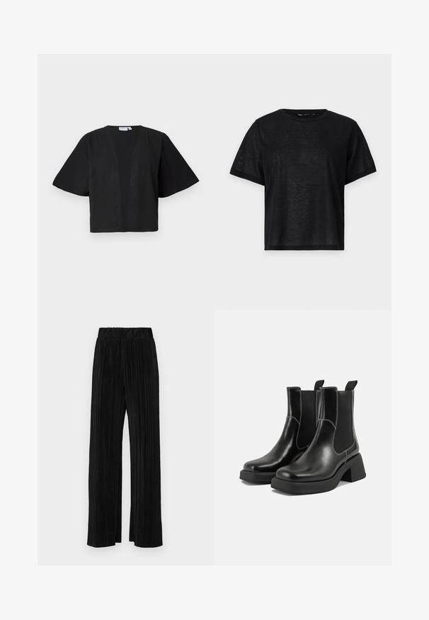 Top preto de manga curta com decote em V, feito de um tecido leve. Design solto com detalhes de costura mínimos, sem fechos.; T-shirt preto de manga curta com um corte descontraído, apresentando uma textura suave e um decote redondo. Tecido leve com um brilho subtil.; Calças pregueadas pretas com uma cintura elástica. Apresentam pernas largas e um tecido liso, texturizado com riscas verticais.; Botas Chelsea em couro preto com um salto grosso, painéis laterais elásticos e costura branca em contraste. Acabamento texturizado.
