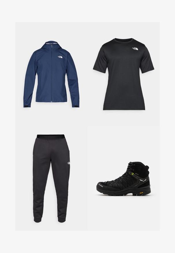 Mørkeblå vanntett jakke med full glidelås, hette og logo på venstre bryst. Har elastiske mansjetter og sidelommer.; Svart t-skjorte med korte ermer laget av lett, fukttransporterende stoff. Har en hvit logo på venstre bryst og rund hals.; Svarte joggebukser laget av glat stoff, med en smal design, elastisk midje og logo detaljer på høyre ben.; Svarte tursko med teksturert overdel, forsterket tå og Vibram såle. Snøresystemet inkluderer kroker for en sikker passform.
