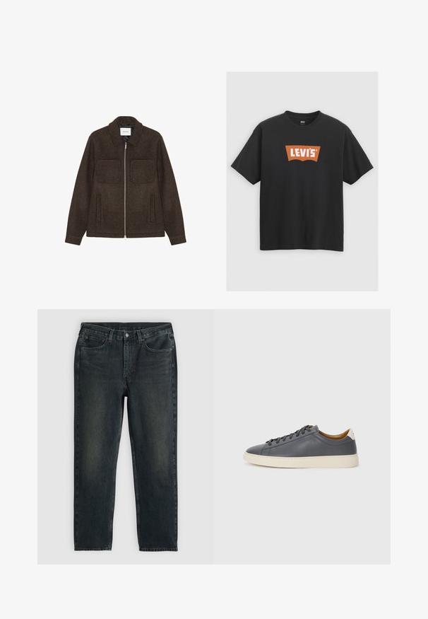 Jachetă din lână de culoare maro închis, cu fermoar, dotată cu două buzunare pe piept, două buzunare laterale și guler.; Tricou din bumbac negru, cu un logo mare portocaliu Levi's pe față, cu mâneci scurte și un guler de tip crew.; Blugi din denim de culoare albastru închis, cu croi drept, având cinci buzunare, fermoar și cusături în contrast. Ușor uzate pe material.; Adidași din piele gri, cu vârf rotund, talpă din cauciuc, șireturi plate și accente de culoare deschisă pe călcâi. Textură netedă și design minimalist.