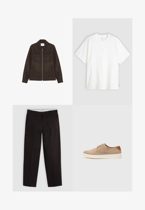 Dark brown wool zip-up jacket with two chest pockets, two side pockets, and a collared neck.; White short-sleeve t-shirt made of cotton with a crew neck. Features subtle embossed logo detail on the front and a red label at the hem.; Black straight-leg chinos with belt loops, button closure, and side pockets, displayed on a light gray background.; Beige suede sneakers with a rounded toe, lace-up front, and a textured back accent. White rubber sole provides contrast. Simple and modern design.