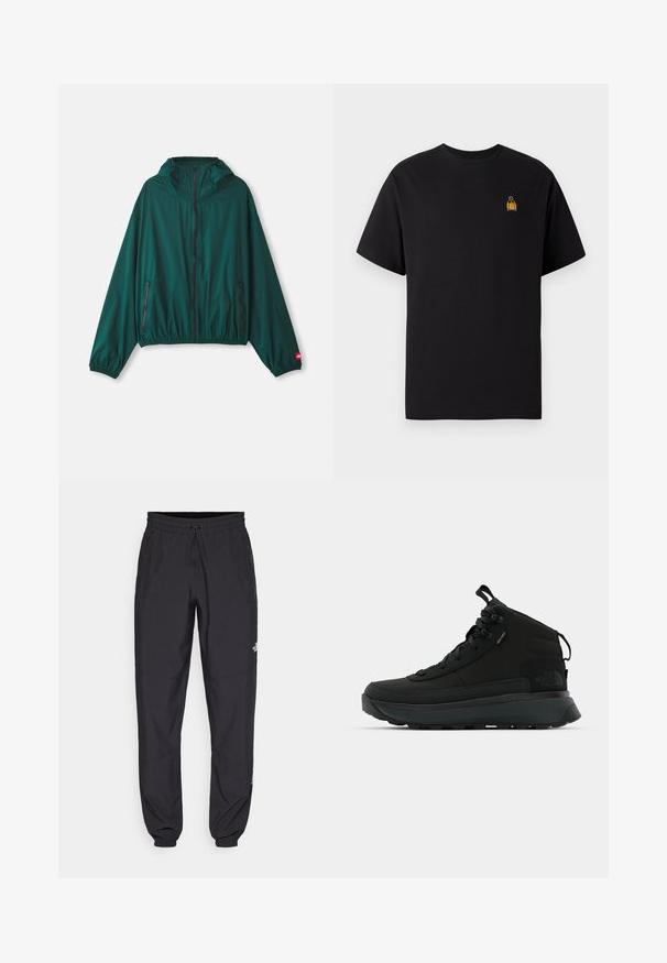 Casaco leve e verde, com fecho zip frontal, capuz ajustável, bainha elástica e dois bolsos laterais. Apresenta detalhes do logótipo vermelho na manga.; T-shirt de algodão preta com mangas curtas, gola redonda e um pequeno design bordado amarelo na área do peito esquerdo.; Calças atléticas pretas feitas de tecido leve, com um cós ajustável por cordão, bolsos laterais e punhos afunilados nos tornozelos.; Botas de caminhada de cano médio pretas, com parte superior de tecido texturizado, biqueira reforçada, sistema de amarração seguro e sola almofadada para tração.