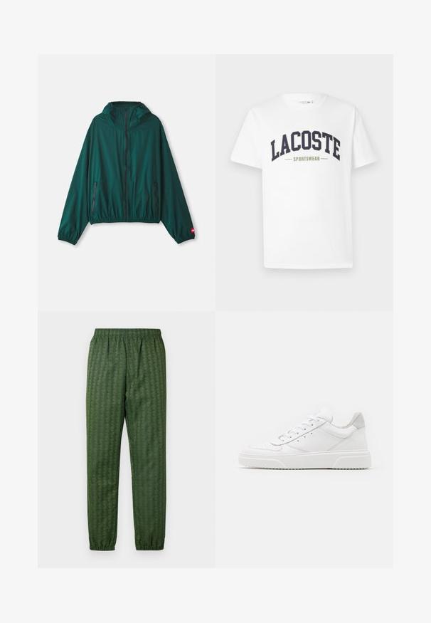 Zelena, lahka jakna z zadrgo spredaj, nastavljivo kapuco, elastičnim robom in dvema stranskima žepoma. Vključuje rdeče akcentne logotipe na rokavu.; Bela majica iz bombaža z nebesno modrim in olivno zelenim logotipom "LACOSTE SPORTSWEAR" natisnjenim čez prsni del v ukrivljenem dizajnu.; Zeleni športni hlače z vzorcem, elastičnim pasom, zoženimi nogami in geometrijskim dizajnom po celotni površini. Narejene so iz lahkega materiala.; Bele usnjene športne copate z gladkim zaključkom, okroglo konico, ravnimi vezalkami in teksturiranim podplatom. Sivi semiš detajl na peti.