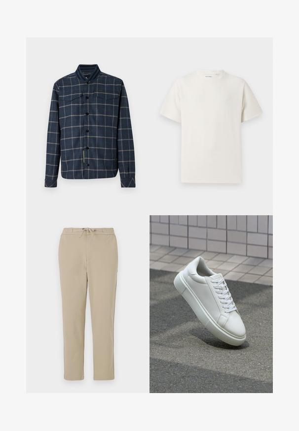 Navy plaid jacket with a subtle textured fabric, two chest pockets, black buttons, and a ribbed collar featuring navy stripes.; White short-sleeve T-shirt in a ribbed texture. Round neckline, relaxed fit, no visible patterns or accents. Simple and versatile design.; Beige lounge pants with an elastic waistband and drawstring, featuring a straight leg design and soft, smooth texture.; White leather sneaker with a smooth surface, round toe, and flat white laces. Features a textured rubber sole and minimal design elements.