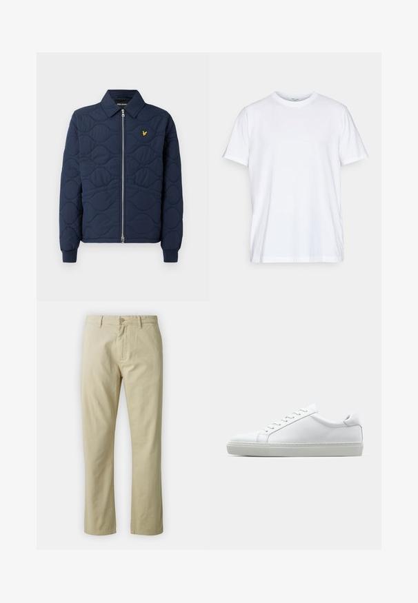 Navy quilted jacket with a zip front, pointed collar, ribbed cuffs, and a small gold logo on the chest. Smooth texture with wave patterns.; White cotton t-shirt with short sleeves, round crew neckline, and a relaxed fit. Features minimalistic design, no patterns or accents.; Beige cotton trousers with a straight-leg design, front button closure, and belt loops. Smooth texture, no visible patterns or accents.; White sneaker with a smooth leather upper and a low profile. Features a rounded toe, six eyelets, and a textured rubber sole.