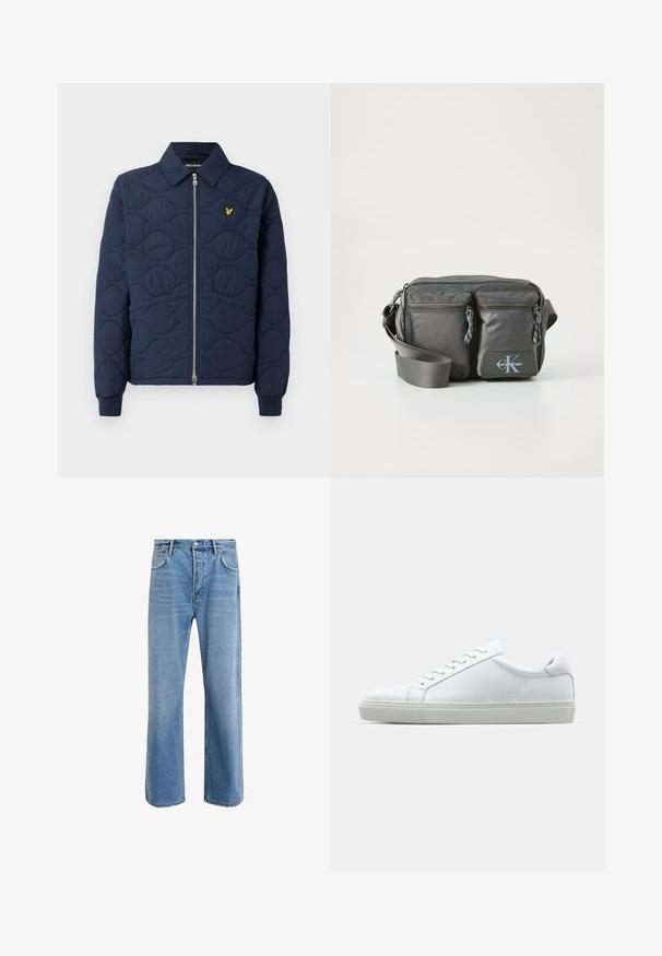Giacca trapuntata blu navy con zip frontale, colletto a punta, polsini a coste e un piccolo logo dorato sul petto. Texture liscia con motivi a onda.; Maglietta a maniche lunghe con colletto alto in cotone color crema chiaro. Texture liscia, vestibilità comoda, design minimalista, senza motivi o dettagli visibili.; Jeans in denim blu chiaro con design a gamba dritta, cinque tasche, chiusura con bottone, leggero sbiadimento e dettagli di cucitura a contrasto.; Sneaker bianco con tomaia in pelle liscia e profilo basso. Presenta una punta arrotondata, sei occhielli e una suola in gomma testurizzata.; Borsa a tracolla in nylon grigio con due tasche frontali con zip, tracolla regolabile e accentuazione del logo. Texture liscia con un design moderno.