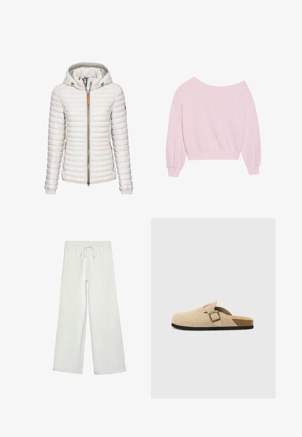 Lightweight, white puffer jacket with a hood, quilted design, front zipper, and tan leather accents on the collar and pockets.; Pink off-the-shoulder sweatshirt featuring long balloon sleeves and a fitted waist. Smooth texture with ribbed cuffs. No patterns or hardware.; White wide-leg pants made of soft fabric. Features an elastic waistband with a drawstring and a smooth texture. No visible patterns or hardware.; Beige suede slide-on clogs with a cork footbed, rounded toe, and a simple strap featuring a gold-tone buckle. Rubber sole for grip.