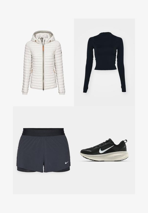 Lightweight, white puffer jacket with a hood, quilted design, front zipper, and tan leather accents on the collar and pockets.; Black, long-sleeve cropped top with a high neckline. Made of smooth, fitted material with no visible patterns or accents.; Black athletic shorts with an elastic waistband, featuring a layered design and a small white Nike logo on the lower left. Lightweight material.; Black Nike running shoe with breathable mesh upper, white swoosh logo, textured detailing, and a cream-colored ZoomX midsole.