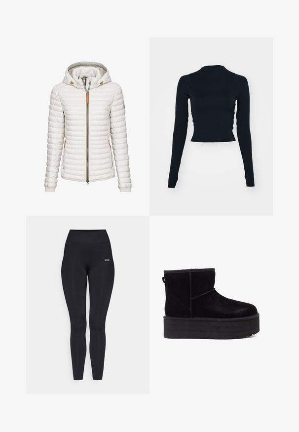 Leichte, weiße Steppjacke mit Kapuze, gestepptem Design, Frontreißverschluss und hellbraunen Lederakzenten am Kragen und den Taschen.; Schwarzes, langärmeliges, cropped Oberteil mit hohem Ausschnitt. Hergestellt aus glattem, enganliegendem Material ohne sichtbare Muster oder Akzente.; Schwarze Leggings mit einem hohen Bund, aus einem glatten, dehnbaren Stoff hergestellt. Mit einem kleinen Logodetail in der Nähe des Bundes.; Schwarze Wildleder-Stiefeletten mit einer dicken Plattformsohle und weichem Futter. Abgeschlossen mit Nähakzenten und einer hinteren Schlaufe für einfaches Anziehen.