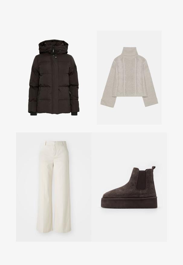 Fekete puff jacket kapucnival, vízszintes steppelt dizájnnal, elülső cipzárral, patentos záródással és cipzáros oldalzsebekkel.; Rövidített, világosszürke kötött pulóver magas gallérral és bordázott mandzsettákkal, hátul és az oldalakon texturált sodrott mintákkal.; Világos bézs színű, széles lábú nadrág, sima anyagból készült. Klasszikus derékrésszel és lapos elülső résszel, letisztult vonalakkal rendelkezik.; Barna nubuk Chelsea csizma elasztikus oldalsó panelekkel és vastag, textúrázott talppal. A saroknál található húzófül megkönnyíti a felhúzást.