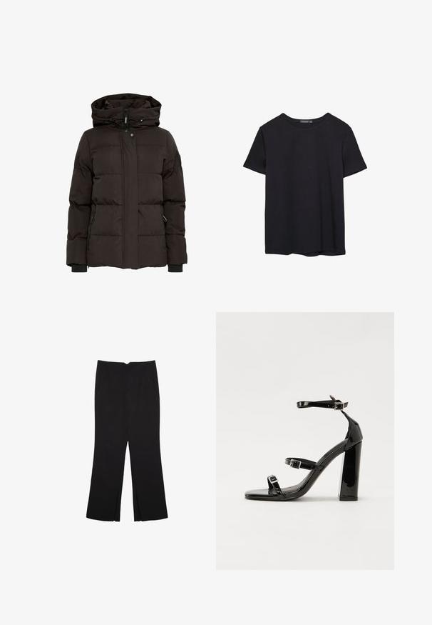 Schwarze Puffjacke mit Kapuze, ausgestattet mit einem horizontal gesteppten Design, einem Frontreißverschluss, Druckknopfverschluss und seitlichen Taschen mit Reißverschlüssen.; Einfaches schwarzes T-Shirt aus Baumwolle mit kurzen Ärmeln und Rundhalsausschnitt, auf einem weißen Hintergrund dargestellt.; Schwarze Hose mit geradem Schnitt, ausgestattet mit Fronttaschen und Seitenschlitzen am Saum. Hergestellt aus weichem, glattem Stoff. Geeignet für verschiedene Anlässe.; Schwarze patentierte Sandalen mit Absatz, quadratischer Spitze, Knöchelriemen und silbernen Schnallen. Mit einem stabilen Blockabsatz für mehr Stabilität.