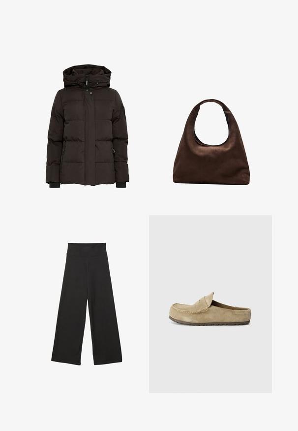Mustapuffer-takki hupulla, jossa on vaakasuora tikkausmuotoilu, edessä vetoketju, nepparikaan suljinta ja sivutaskut vetoketjuilla.; Valkoinen puuvillapaita lyhyillä hihoilla ja pyöreällä kaula-aukolla. Suuri tekstuuri, rento malli, eikä näkyviä kuvioita tai yksityiskohtia.; Mustat leveälahkeiset housut, joissa on korkea joustava vyötärö, pehmeä kangas ja väljät mitat, sopivat arkiseen käyttöön tai rentoihin tiloihin.; Birkenstock NAPLES WRAPPED LEVE TAUPEN - REGULAR - Matalakantaiset pistokkaat - taupe; Pehmeä ruskea hobo-tyylinen käsilaukku, jossa on yksi leveä olkahihna ja kaareva yläosan aukko, esitelty valkoista taustaa vasten.