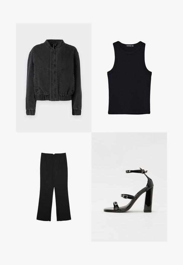 Svart kort jacka i denim med ståkrage, dragkedja fram, två stora fickor och elastiska manschetter i nederkant.; Svart linne i bomull, med rund halsringning och breda armhål. Slät yta med sydda fållar. Klassisk, minimalistisk design.; Svarta byxor med rak passform, utrustade med framfickor och sidoklyvningar vid fållen. Tillverkade av mjukt, slätt tyg. Lämpliga för olika tillfällen.; Svarta lackerade högklackade sandaler med två spännband, fyrkantig tå och en tjock klack, med en slät och glansig yta.