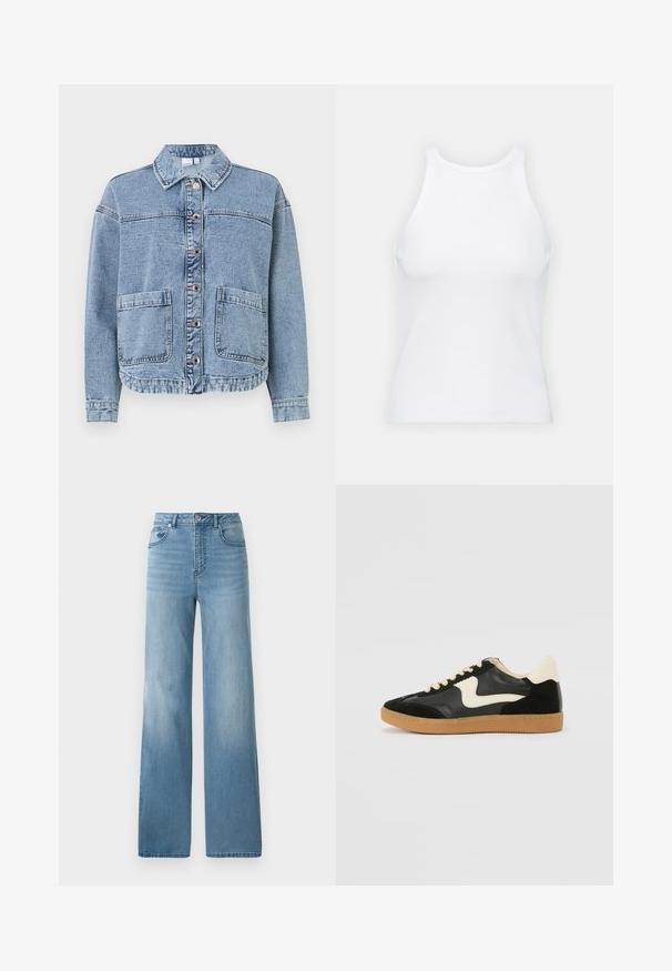 Světle modrá džínová bunda s límečkem, knoflíkovým zapínáním, dvěma předními kapsami a mírně zkráceným lemem. Má vybledlý vzhled.; Bílý bezrukávový top vyrobený z ribbed látky, s kulatým výstřihem a přiléhavým střihem, s minimem švů a bez ozdob.; Světlé modré džíny s vysokým pasem a rovnými nohavicemi. Vyrobené z denimu, s pěti kapsami a zapínáním na knoflíky.; Černé semišové a kožené tenisky s krémovým postranním swooshem a světlým krémovým podpatkem. Mají béžové tkaničky a podešev z gumové pryže.