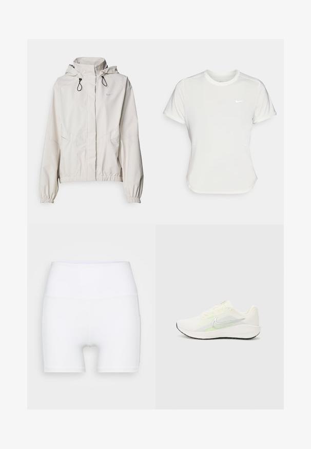 Lichtbeige ritsjack met capuchon, elastische manchetten en twee voorzakken. Bevat het Nike-logo in zilver op de bovenste linkerzijde.; Nike T-shirt in het wit, korte mouwen, ronde halslijn, gemaakt van een gladde, lichte stof. Bevat een subtiele logo op de borst.; Witte hoge taille shorts van rekbare stof. Kenmerken een gladde textuur en een aansluitend ontwerp, zonder extra patronen of hardware.; Nike Performance DOWNSHIFTER 13 - Hardloopschoenen voor op de weg - sail/silver-coloured photon dust/summit white/barely volt/black