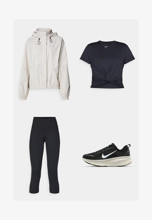 Gaišbeige kapuce zērta jakas ar rāvējslēdzēju, elastīgām piedurknēm un divām priekšējām kabatām. Augšējā kreisajā pusē ir sudraba krāsā Nike logs.; Melna sporta t-kreklu ar gludu audumu, ar mezglošanas priekšpusi un mazu baltu Nike logotipu uz krūšu daļas.; Melnas apgrieztas legingi, izgatavoti no elastīga auduma, ar augstu jostasvietu un gludu tekstūru, bez redzamām rakstu vai aksesuāriem.; Melnas Nike skriešanas kurpes ar elpojošu acs augšdaļu, baltu Swoosh logotipu, strukturētu apdari un krēmkrāsas ZoomX starpsole.