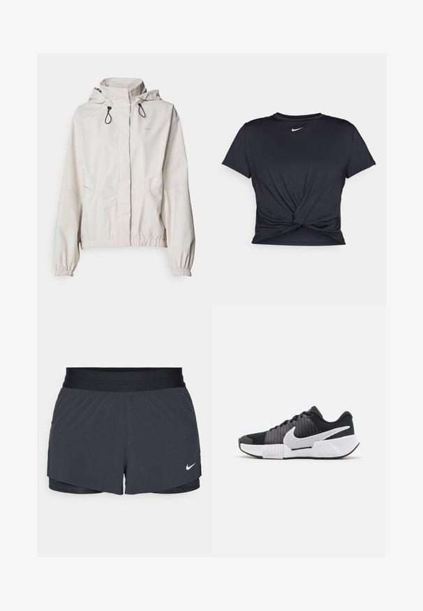 Casaco beige claro com fecho éclair, capuz, punhos elásticos e dois bolsos frontais. Apresenta o logótipo da Nike em prata no canto superior esquerdo.; T-shirt atlético preto feito de tecido liso, apresentando um design frontal com nó e um pequeno logótipo branco da Nike no peito.; Calças curtas de atletismo pretas com um cós elástico, apresentando um design em camadas e um pequeno logótipo da Nike em branco no canto inferior esquerdo. Material leve.; Sapatos desportivos em preto e branco com um upper texturizado, swoosh da Nike em destaque e um design de sola em contraste para melhor aderência e estabilidade.