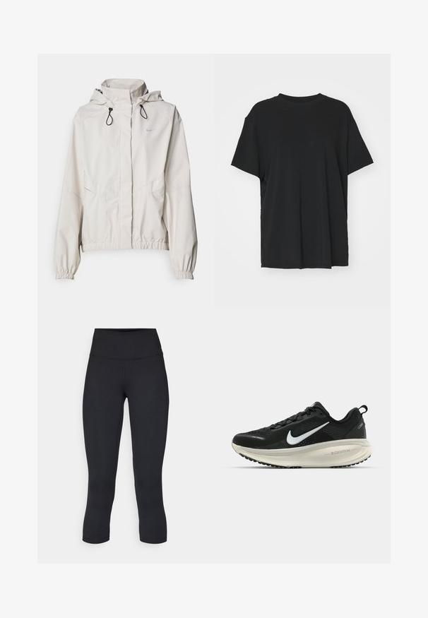 Jasno beżowa kurtka zapinana na zamek z kapturem, elastycznymi mankietami i dwoma przednimi kieszeniami. Posiada srebrne logo Nike na górnej lewej stronie.; Czarna krótko rękawowa koszulka wykonana z gładkiego materiału, z okrągłym dekoltem i luźnym krojem. Posiada boczne rozcięcia, które zapewniają dodatkowy komfort i przewiewność.; Czarne, krótkie legginsy wykonane z elastycznego materiału, z wysokim stanem i gładką strukturą, bez widocznych wzorów czy elementów metalowych.; Czarna biegowa półbut z oddychającej siateczki, białym logo swoosh, teksturowanymi detalami oraz kremową podeszwą środkową ZoomX.