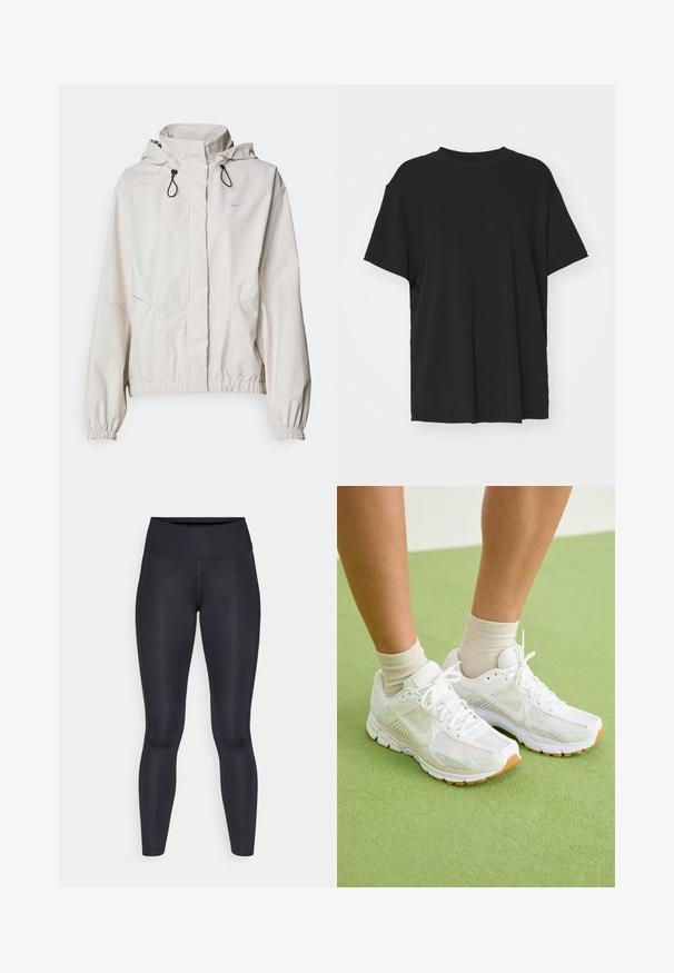 Jachetă crem deschis cu fermoar, cu glugă, manșete elastice și două buzunare frontale. Prezintă logo-ul Nike în argintiu în partea superioară stângă.; Tricou negru cu mânecă scurtă, fabricat dintr-un material neted, cu guler rotund și croială lejeră. Dispune de fante laterale pentru un plus de confort și respirație.; Leggings negre dintr-un material neted și elastic. Talie înaltă fără modele sau accente vizibile. Se potrivesc strâns de la talie până la glezne.; Adidași albi din material mesh, cu talpă din cauciuc și detalii bej accentuate. Purtați cu șosete de culori deschise pe o suprafață verde.