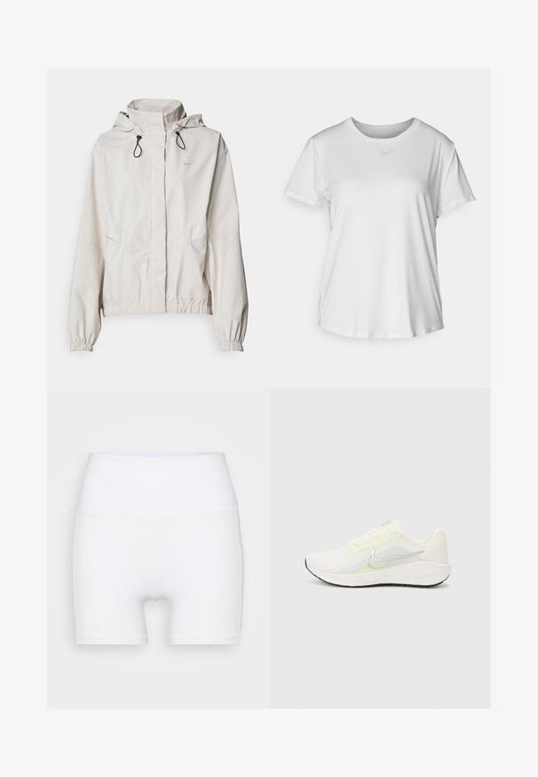 Light beige zip-up jacket with a hood, elastic cuffs, and two front pockets. Features the Nike logo in silver on the upper left.; White short-sleeve T-shirt made of smooth fabric, featuring a round neckline and a small grey Nike logo on the chest.; White high-waisted shorts made from stretch fabric. Features a smooth texture and fitted design, with no additional patterns or hardware.; Nike Performance DOWNSHIFTER 13 - Road running shoes - sail/silver-coloured photon dust/summit white/barely volt/black