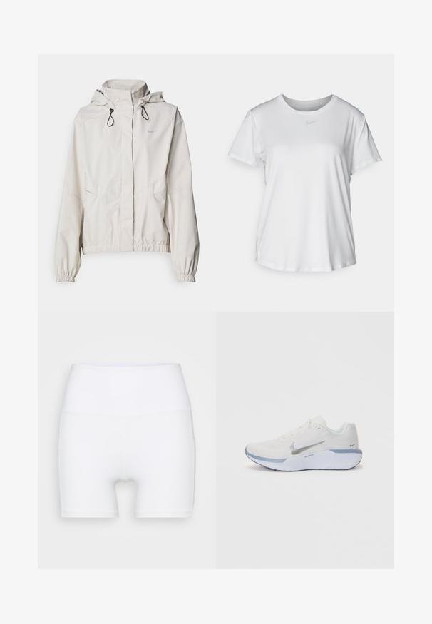Light beige zip-up jacket with a hood, elastic cuffs, and two front pockets. Features the Nike logo in silver on the upper left.; White short-sleeve T-shirt made of smooth fabric, featuring a round neckline and a small grey Nike logo on the chest.; White high-waisted shorts made from stretch fabric. Features a smooth texture and fitted design, with no additional patterns or hardware.; White athletic shoe with a textured mesh upper, silver accents, and a light blue sole. Features round laces and a cushioned heel.