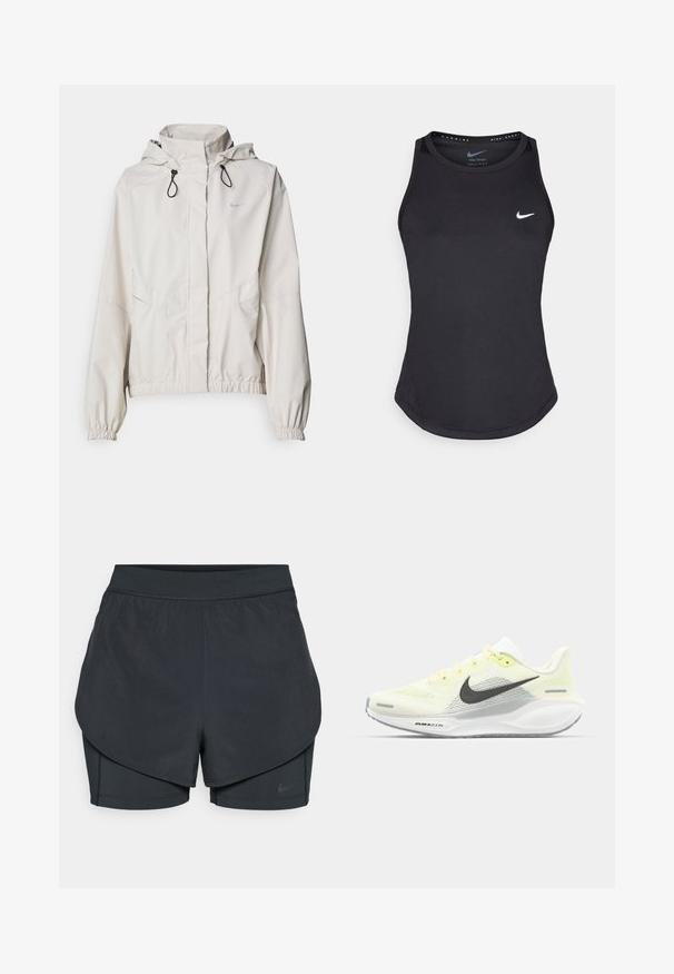 Helles beige Zip-Jacket mit Kapuze, elastischen Bündchen und zwei Fronttaschen. Auf der oberen linken Seite befindet sich das silberne Nike-Logo.; Schwarzes Sporttanktop aus feuchtigkeitsableitendem Material. Mit Rundhalsausschnitt, enger Passform und weißem Nike-Logo auf der Brust.; Schwarze sportliche Shorts mit einem geschichteten Design, das eine glatte äußere Schicht und eng anliegende innere Shorts umfasst. Hergestellt aus leichtem, dehnbarem Material.; Nike Laufschuhe mit einem hellgelben und weißen Mesh-Obermaterial, grauen Akzenten und einer flexiblen Gummisohle. Verfügt über einen Schnürverschluss.