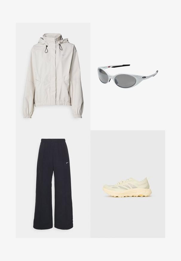 Ljusbeige zip-up jacka med huva, elastiska cuffs och två framfickor. Har Nike-logotypen i silver på övre vänstra sidan.; Långärmad topp med hög hals i ett mjukt, krämvitt tyg. Har en slät yta och en figursydd design, utan mönster eller synliga detaljer.; Svarta byxor med vida ben, elastisk midja och en liten vit Nike-logotyp. Tyget har en slät yta, designad för komfort och avslappnad användning.; Ljust beige idrottssko med genomskinlig ovandel, tjock dämpad sula, sidoremsor och Vibram-logga på yttersulan.; Vita plastsolglasögon med stora ovala linser, gråtonade. Har svarta örongrepp och en liten logotyp på ramen. Slät yta.; Svarta handskar av syntetmaterial med en åtsittande design, utrustade med en synlig logotyp och texturerad palm för grepp. Inkluderar en dragkedjedetalj.