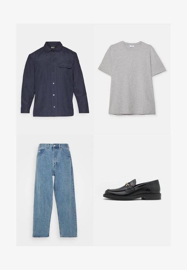 Navy blue jacket made of durable fabric, featuring a collared neck, button front, and two front pockets with a single chest pocket.; Gray short-sleeve T-shirt made from soft, textured fabric. Features a classic crew neck and a straight hem, suitable for casual wear.; Light blue denim jeans with a high-waist, relaxed fit, featuring two front pockets, a back patch pocket, and a button closure.; Black leather loafers with a rounded toe, featuring gold hardware accent and stitching detail, set on a low, textured rubber sole.