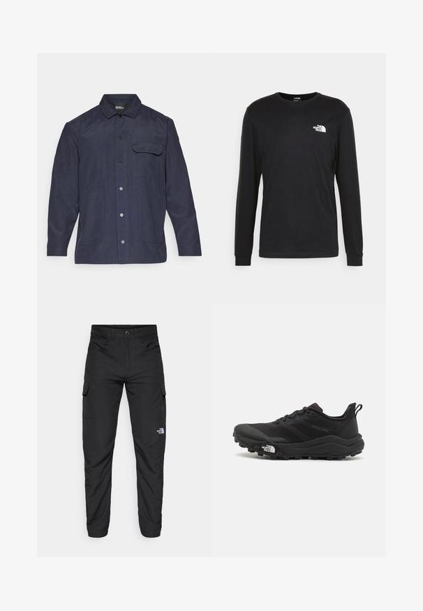 Marineblå jakke laget av slitesterkt stoff, med krage, knappestolpe foran, og to frontlommer samt en enkelt brystlomme.; Svart langermet t-skjorte i bomull, med en hvit logo på venstre bryst og ribbestrikkede mansjetter. Glatt tekstur med rund hals.; The North Face HORIZON PANT - Friluftsbukser - black; Svart terrengløpesko med teksturert overdel, gummisåle og forsterket tåhette. Har polstret krage og løftestropp for enkel påkledning.