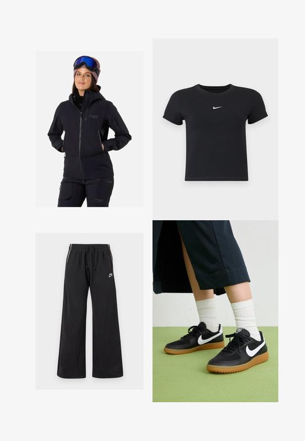 Giacca da sci nera con chiusura a zip, cappuccio e tasche. Abbinata a pantaloni neri coordinati e un berretto a righe rosa. Occhiali da sci sulla fronte.; T-shirt nera a maniche corte in cotone con scollatura rotonda. Presenta un logo Nike bianco sul petto, un design minimalista e una forma aderente.; Pantaloni da jogging neri in tessuto morbido, con vita elasticizzata e cordoncino, strisce laterali e un piccolo logo sul lato sinistro davanti.; Sneaker in pelle nera e sintetica con logo Nike bianco, suola in gomma, punta rotonda e lacci neri. Calze bianche a righe visibili.