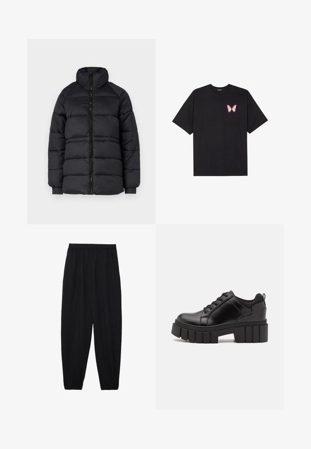 Casaco puffer preto com gola alta, fecho frontal e punhos canelados. Apresenta costura horizontal, oferecendo uma textura acolchoada.; T-shirt de algodão preto com mangas curtas, apresentando um pequeno gráfico de borboleta rosa no lado esquerdo do peito. Design de gola redonda com um corte solto.; Calças pretas, leves, com um cinto elástico e punhos franzidos. O tecido é suave e apresenta um design relaxado e afunilado.; Sapatos de plataforma em couro preto com um salto bloco robusto, bico redondo e design clássico de atacadores. Apresentam uma textura suave e detalhes mínimos.