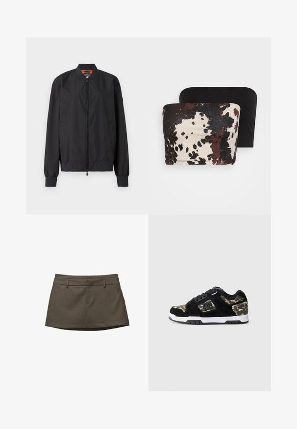 Musta bomber-takki kevyestä nailonista, jossa on vetoketjukiinnitys ja ribbireunat. Sileä pinta, jossa on sivutaskut ja kontrastivärinen vuori.; Kaksi olkaimettomaa toppia: toinen on ruskean ja kermanvärisen abstraktin eläinkuosin, kun taas toinen on täysin musta. Molemmat ovat pehmeää kangasta.; Ruskea hame, jolla on muotoiltu suunnittelu. Hameessa on vyölenkit, kaksi etutaskua ja teksturoitu kangas. Helma on hieman kaareva.; Mustat mokkanahkakengät, joissa on kamoflaažikuosi sivuilla, valkoinen välikenkä ja musta kumipohja. Varustettu nauhoilla ja logotiedoilla sivussa.