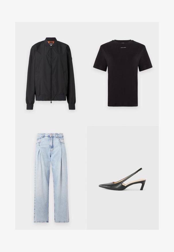 Črna bomberska jakna iz lahkega najlona, z zadrgo in rebrastimi manšetami. Gladka tekstura z stranskimi žepi in kontrastno podlogo.; Črna bombažna majica s kratkimi rokavi, okroglim izrezom in majhnim belim logotipom "Calvin Klein" na prsih. Gladka tekstura, klasičen kroj.; Svjetloplave traperice visoko struka, širokog kroja, s dva bočna djepa i naboranim dizajnom. Mekana tekstura s izblijedjelim završetkom.; Črne čevlje s koničastimi nosovi in slingback obliko z nizko peto, izdelane iz gladke usnjene materiale ter s črtasto zasnovo na strani za prezračevanje.