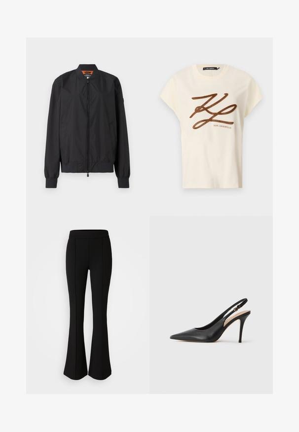 Crna bomber jakna napravljena od laganog najlona, s zatvaranjem na rajsferšlus i rebrastim manžetama. Glatka tekstura, bočne džepove i kontrastnu unutarnju podstavu.; Krem majica od pamuka s kratkim rukavima, sa smešnim izvezenim logotipom i natpisom na prednjoj strani.; Crne raširene hlače izrađene od rastezljivog materijala s glatkom teksturom, s detaljima šava uz prednju stranu koji dodaju dizajnerski efekt.; Crna kožna cipelica s visokom petom i otvorenom petom, s oštrim vrhom, glatkom teksturom i delikatnom trakicom s metalnom kopčom.