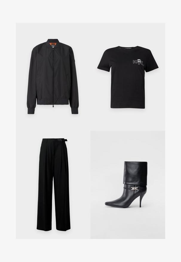 Črna bomberska jakna iz lahkega najlona, z zadrgo in rebrastimi manšetami. Gladka tekstura z stranskimi žepi in kontrastno podlogo.; Črna kratka majica s slevenami iz bombaža. Opremljena z belo grafiko z besedilom "KARL" in stilizirano postavo na prsih. Okrogla ovratnica.; Črne široke hlače z visokim pasom, gubami spredaj in pasom z zaponko. Narejene so iz gladkega, lahkega materiala.; Črne usnjene gležnjarje z ostrim nosom, visokim stiletto peto, zavihanim robom in zlatim okrasnim zaponko na gležnju.
