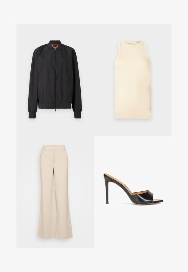 Czarna kurtka bomberka wykonana z lekkiego nylonu, z zapięciem na zamek i prążkowanymi mankietami. Gładka tekstura z bocznymi kieszeniami i kontrastową podszewką.; Jasno beżowy bezrękawnik wykonany z materiału w prążki, z okrągłym dekoltem i dopasowanym krojem. Gładka tekstura z minimalną liczbą szwów.; Beżowe spodnie szerokie z gładką strukturą, z wysokim stanem i dwoma przednimi kieszeniami. Czysty design o dopasowanym kroju.; Czarne klapki na obcasie z otwartym noskiem, wykonane z błyszczącej skóry, z wysmuklonym obcasem i gładkim, zakrzywionym paskiem na wierzchu stopy.