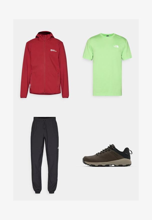 Red softshell jacket with a zip front, adjustable hood, and side pockets. Features a logo on the left chest and smooth texture.; Mint green cotton t-shirt with a crew neckline and short sleeves. Features a white logo on the left chest. Smooth texture, relaxed fit.; Black athletic pants made from lightweight fabric, featuring a drawstring waistband, side pockets, and tapered cuffs at the ankles.; Brown waterproof sneakers with a textured upper, perforated accents, black heel support, and a grey rubber sole. Laces are styled with metallic ends.