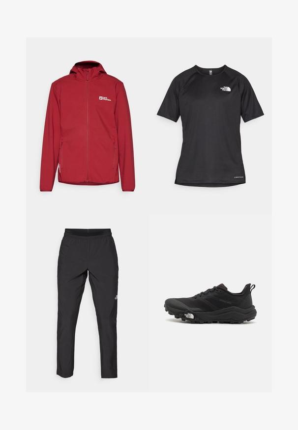 Veste softshell rouge avec fermeture éclair sur le devant, capuche ajustable et poches latérales. Elle présente un logo sur la poitrine gauche et une texture lisse.; T-shirt de sport noir à manches courtes avec un tissu texturé, arborant un logo blanc sur la poitrine gauche et un ourlet droit.; Pantalon de sport noir avec une taille élastique, fabriqué en tissu léger, présentant un petit logo sur la jambe inférieure et un design de jambe droite.; Chaussure de trail running noire avec une tige texturée, semelle en caoutchouc et bout renforcé. Présente un col rembourré et une tirette pour un enfilage facile.
