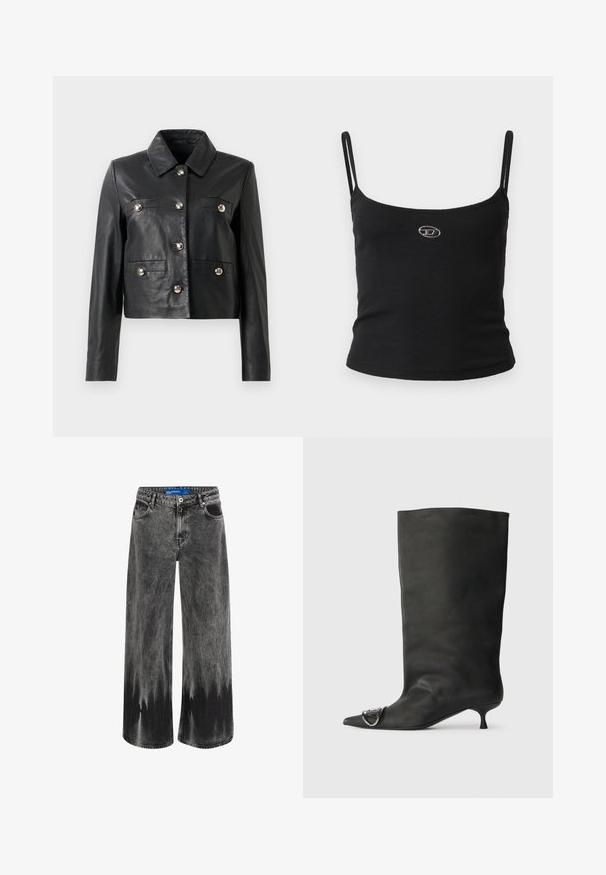 Juoda odinė trumpa striukė su apykakle, turi sidabrinius mygtukus, dvi krūtinės kišenes ir ilgus rankovėmis. Sklandi tekstūra, minimalistinis dizainas.; Juoda gofruota palaidinė su plonomis petnešėlėmis ir mažu metaliniu logotipu centre. Audinys atrodo tamprus ir prigludęs prie kūno.; Plačios kojų džinsai iš išblukusio juodo džinsinio audinio, su dip-dye efektu, plieno detalėmis ir klasikinio penkių kišenių dizainu su standardiniu juosmeniu.; Juodas odinis kulkšninis batas su smailiu pirštu, maža pakulne ir metaline akcentu ant piršto. Lygus, matinio paviršiaus tekstūra visame batus.