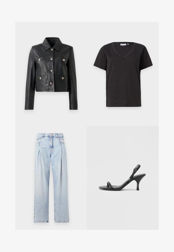Must hõbedaste nööpidega must nahast lühike jakk, millel on krae, kaks rinnataskut ja pikad varrukad. Sile tekstuur, minimaalne disain.; Must musta T-särk V-kaelusega ja lühikeste varrukatega. Lihtne disain, regulaarne istuvus, ilma mustrite ja aktsentideta.; Heledad sinise denimist valmistatud teksapüksid kõrge vöökohaga, laia jala lõikega, kahe külje taskuga ja pleedi disainiga. Pehme tekstuur ja pleekinud viimistlus.; Mustad nahast kõrgete kontsadega sandaalid, millel on saledad, kõverad kontsad ja ristatud rihma disain. Reguleeritav pahkluu rihm. Sile tekstuur.