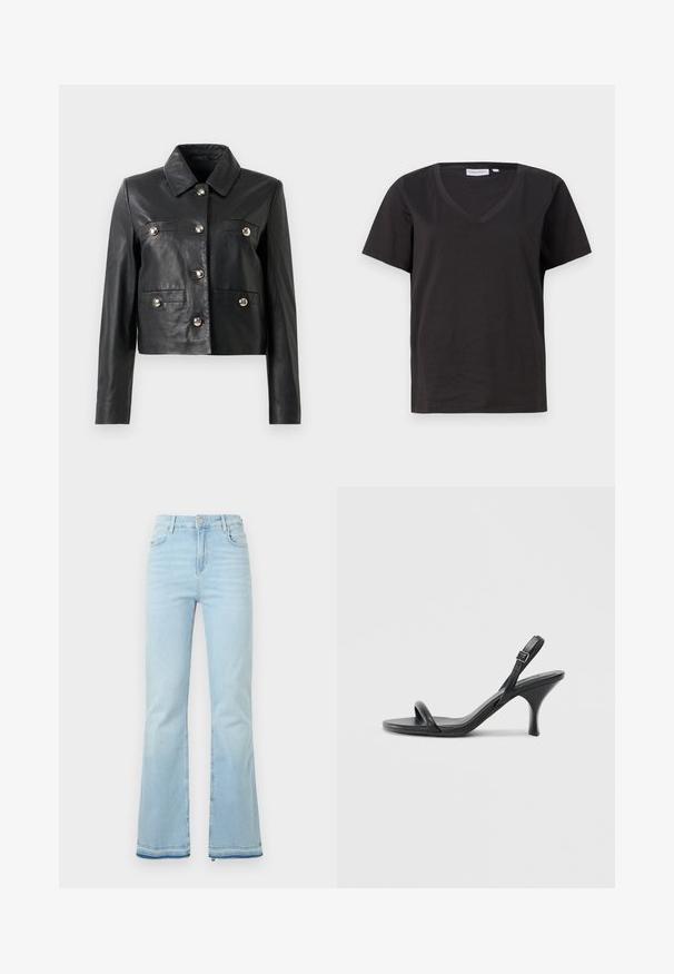 Must hõbedaste nööpidega must nahast lühike jakk, millel on krae, kaks rinnataskut ja pikad varrukad. Sile tekstuur, minimaalne disain.; Must musta T-särk V-kaelusega ja lühikeste varrukatega. Lihtne disain, regulaarne istuvus, ilma mustrite ja aktsentideta.; Heledad helesinised teksad, mis on valmistatud denimist, kõrge vöökohaga, esikottidega ning toore äärtega sääreosas, et luua lõdvestunud välimus.; Mustad nahast kõrgete kontsadega sandaalid, millel on saledad, kõverad kontsad ja ristatud rihma disain. Reguleeritav pahkluu rihm. Sile tekstuur.
