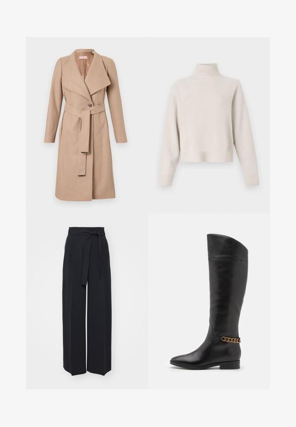 Cappotto di lana beige a lunghezza ginocchio con ampie rever, un bottone, cintura coordinata con punte in metallo e maniche lunghe, esposto piatto su sfondo bianco.; Maglione a collo alto beige chiaro realizzato in tessuto morbido. Presenta una vestibilità ampia, orlo e polsini a costine e maniche lunghe. Design minimalista.; Pantaloni neri a gamba larga realizzati in tessuto morbido. Caratterizzati da una vita con cintura e pieghe frontali. Texture liscia con un design pulito e contemporaneo.; Alti stivali in pelle nera dal design elegante, punta affusolata e dettagli in catena dorata alla caviglia. Tacco a blocco basso. Texture liscia.
