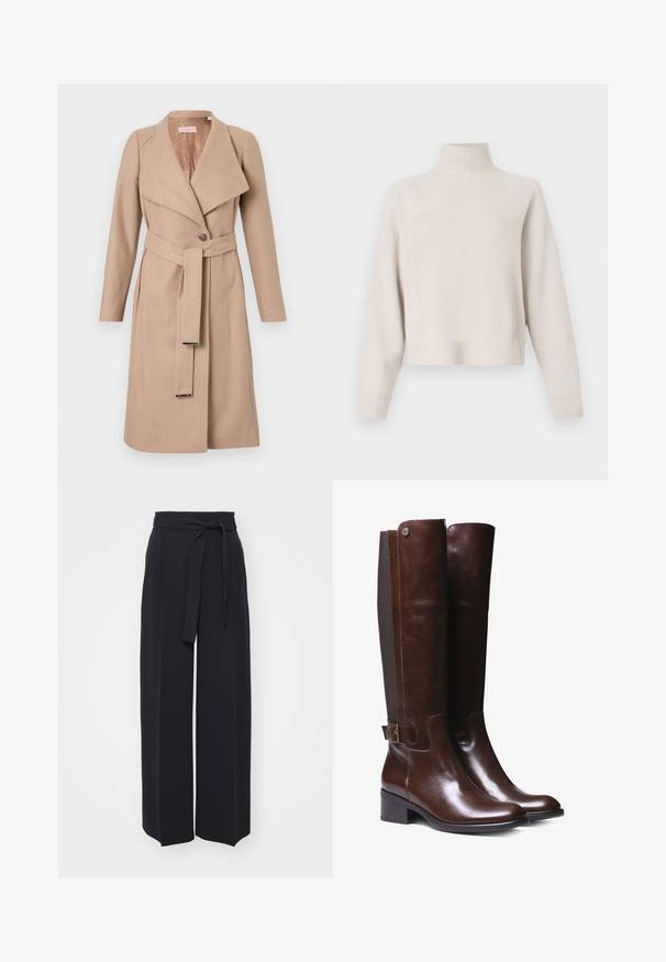 Abrigo de lana beige hasta la rodilla con solapas anchas, botón único, cinturón a juego con puntas metálicas y mangas largas, presentado plano sobre fondo blanco.; Suéter de cuello alto color beige claro, fabricado con una tela suave. Presenta un corte relajado, dobladillos y puños acanalados, y mangas largas. Diseño minimalista.; Pantalones negros de pierna ancha hechos de una tela suave. Presentan una cintura con cinturón y pliegues en la parte delantera. Textura suave con un diseño limpio y contemporáneo.; Botas de cuero marrón hasta la rodilla con acabado suave, panel de tela contrastante, detalle de hebilla en el tobillo y tacón bajo en bloque.