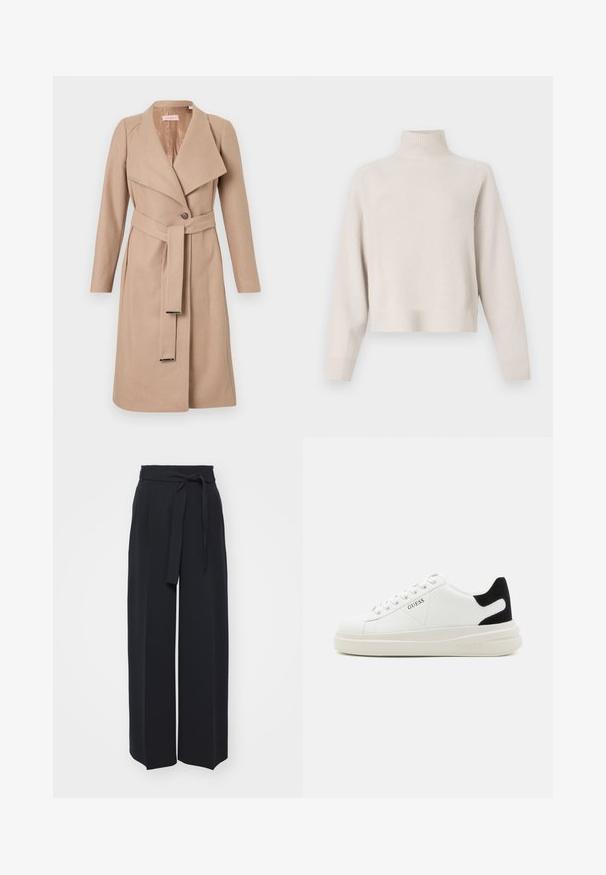 Beige knielanger Wollmantel mit breiten Revers, einem Knopf, passendem Gürtel mit Metallspitzen und langen Ärmeln, flach auf einem weißen Hintergrund präsentiert.; Hellbeige Rollkragenpullover aus weichem Stoff. Bietet einen lässigen Schnitt, gerippte Säume und Manschetten sowie lange Ärmel. Minimalistisches Design.; Schwarze weite Hosen aus weichem Stoff. Mit einem Gürteltäfelchen und vorderen Falten. Glatte Textur mit einem klaren, modernen Design.; Weiße Leder-Sneaker mit einer dicken weißen Sohle, schwarzem Wildlederakzent an der Ferse und geprägtem Logo an der Seite. Schnürdesign mit sechs Ösen.
