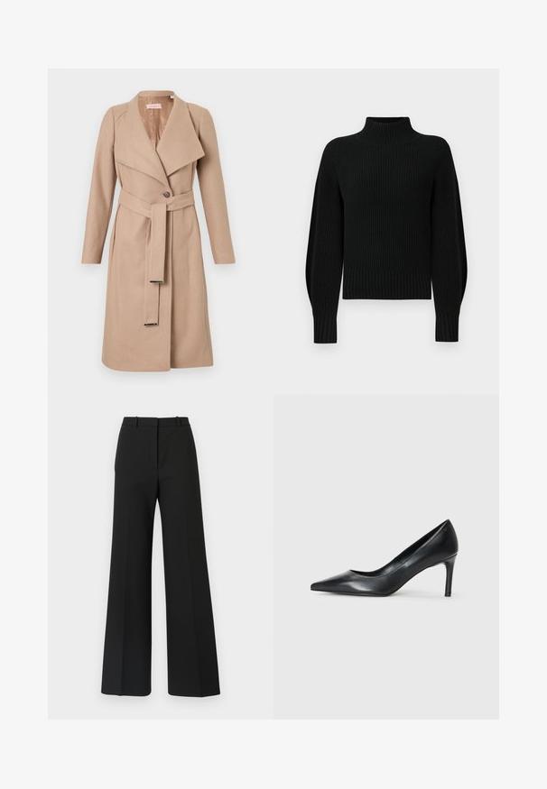 Beige knielanger Wollmantel mit breiten Revers, einem Knopf, passendem Gürtel mit Metallspitzen und langen Ärmeln, flach auf einem weißen Hintergrund präsentiert.; Schwarzer Strickpullover mit hohem Kragen, strukturiertem Rippmuster und Raglanärmeln. Der Körper ist leicht verkürzt und hat einen dicken, gerippten Saum.; Schwarze weite Hosen mit maßgeschneidertem Design, das eine glatte Textur und subtile Falten an der Vorderseite aufweist. Keine sichtbaren Beschläge oder Muster.; Schwarze Leder-Pumps mit spitzem Zehenbereich und schmalem Absatz, glatter Textur und ohne sichtbare Verzierungen. Sauberes Design mit minimalistischem Ästhetik.