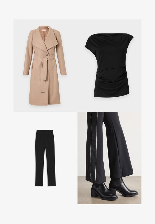 Beige knee-length wool coat with wide lapels, single button, matching belt with metal tips, and long sleeves, displayed flat against white background.; Black short-sleeve top with a draped neckline, soft texture, gathered fabric detail at the waist, and a relaxed silhouette.; Black tailored trousers with a straight-leg design, featuring front pockets and a smooth, textured fabric. Neat, minimal detailing.; Black leather ankle boots with a block heel, featuring elastic side panels. Paired with black pants that have a white side stripe.